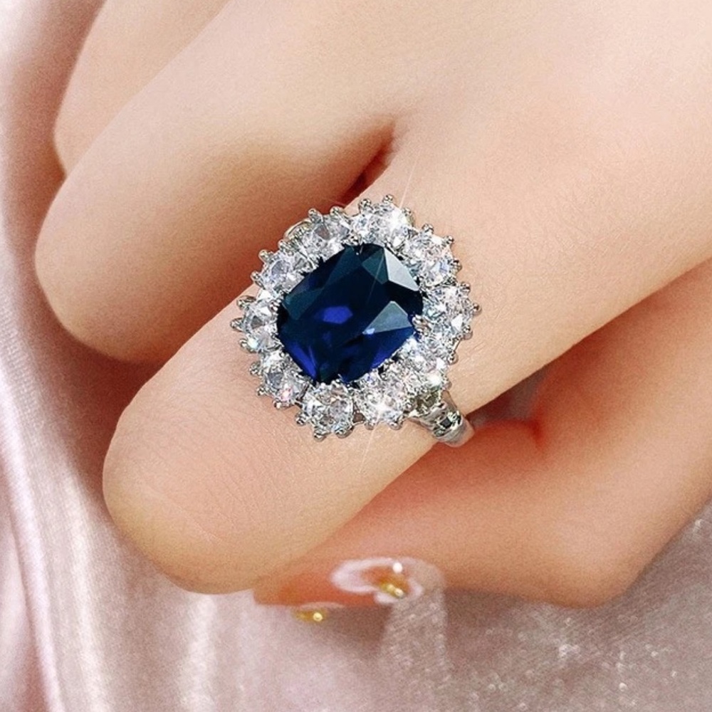 🪻 Emerald Cut  Dark Blue Sapphire Floral Burst Statement Cocktail Ring